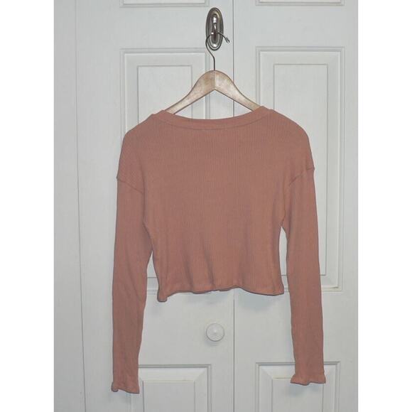 Lush Women's Long Sleeve Ribbed Cropped Henley Top in Cafe Cream Large - Picture 4 of 4